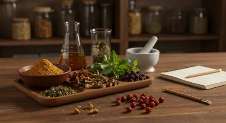 Ashwagandha tozu, kurutulmuş rhodiola kökü, holy basil yaprakları ve schisandra meyveleri rustik bir tezgahta, yanında laboratuvar bardağı ve havan, bilimsel ve doğal atmosfer