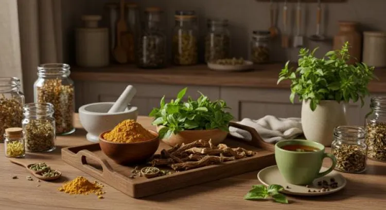 Bir rustik tepside ashwagandha tozu, kurutulmuş rhodiola kökü ve taze holy basil yaprakları, cozy bir mutfakta, doğal bitkiler yakın plan