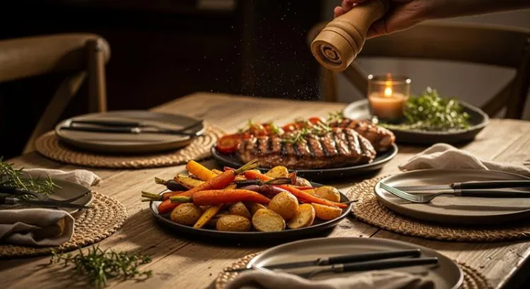 agır yemek uzerine taze cekilmis karabiber serpilen sahne