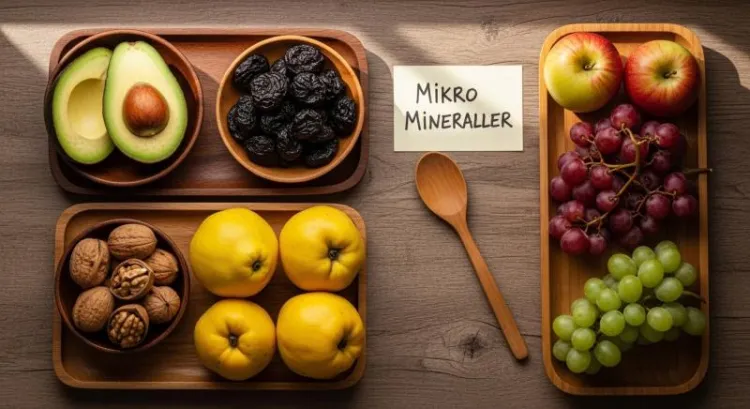 Boron içeren avokado, erik, ceviz ve ayva gibi besinlerin renkli düzeni
