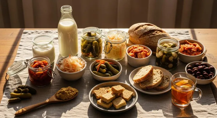 dogal probiyotikler fermente besinler kefir kimchi kombucha yumusak isik gorseli