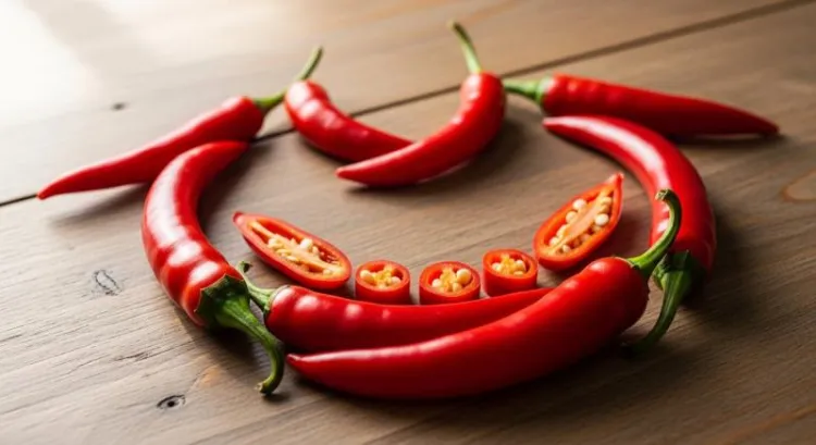 Eğlenceli dizilmiş kırmızı biberler ve kalp sağlığı vurgusu