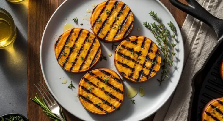 Fırında pişirilmiş tatlı patates steak dilimleri, zeytinyağı ve otlar ile servis edilmiş sağlıklı yan yemek