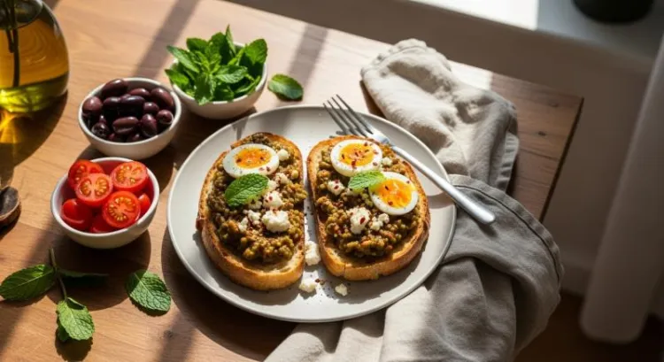Kahvaltılık köz patlıcan ekmek üzerinde, zeytinyağı ve baharatlarla servis edilmiş