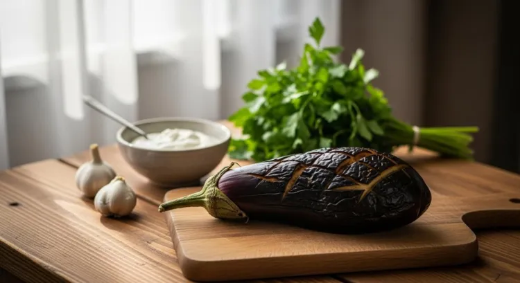 Közlenmiş patlıcanın ocakta hazırlanış aşaması, dumanlı ve isli görünüm