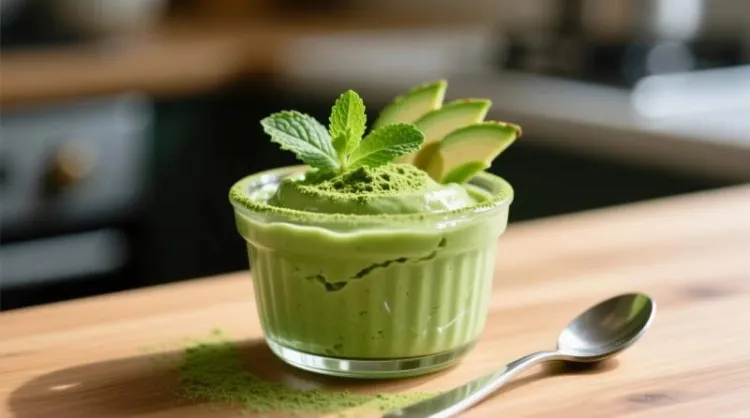 Matchalı avokado mousse, yeşil gücün tatlı hali sağlıklı ve şık sunum