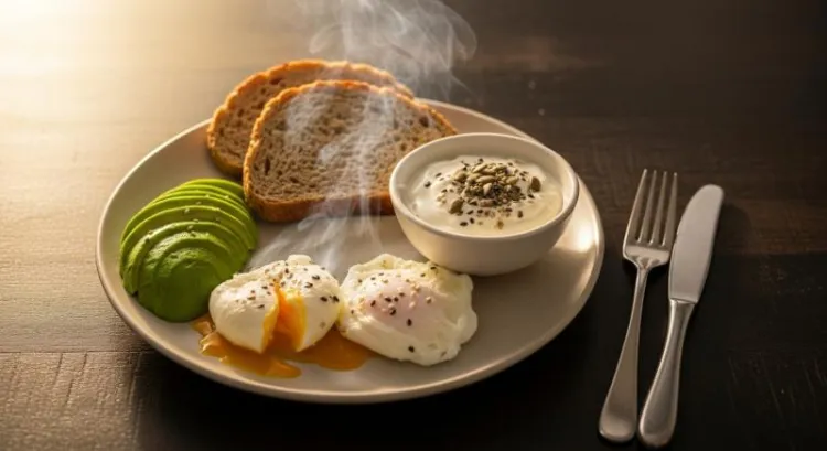 Yumurta, avokado ve tam tahıllı ekmekten oluşan metabolizma dostu kahvaltı tabağı