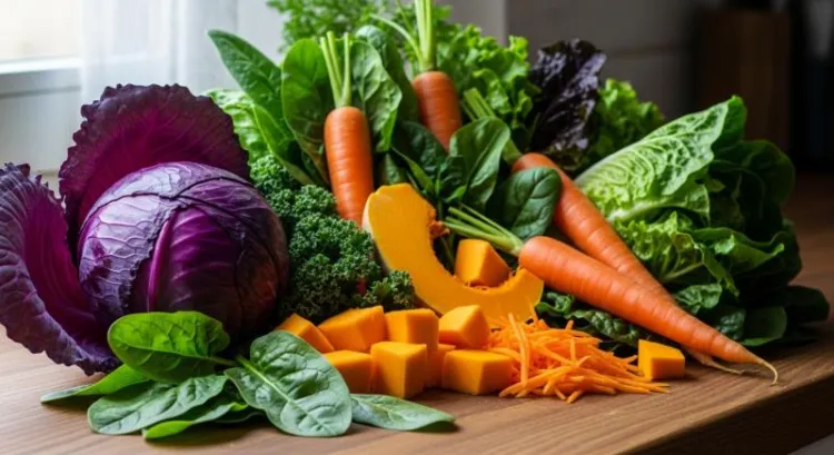 mor ve yesil sebzelerle vitamin zengini saglikli beslenme