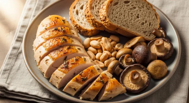 Niacin B3 vitamini içeren besinlerin bulunduğu bir tabak
