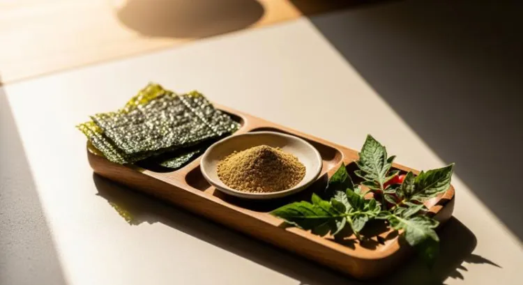 Nori yosunu, ashwagandha ve domates yaprağı ile zenginleştirilmiş fonksiyonel beslenme kombinasyonu.