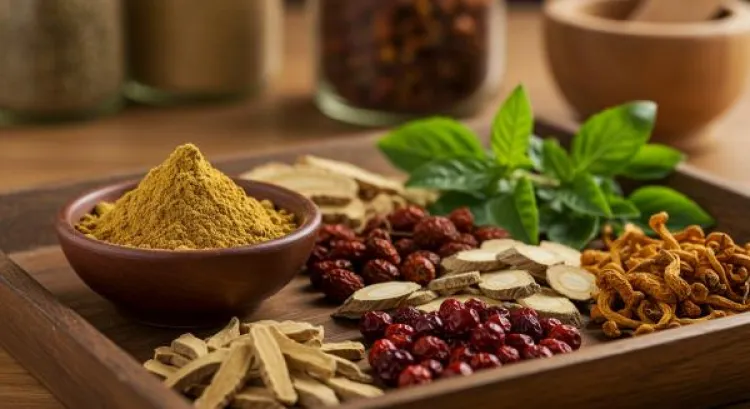 Ashwagandha tozu, kurutulmuş rhodiola kökü, taze holy basil yaprakları, schisandra meyveleri, eleuthero kökü ve cordyceps mantarları yakın plan, doğal detaylı