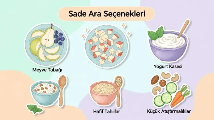 Meyve ve yoğurt gibi sade ara öğünleri gösteren pastel infografik