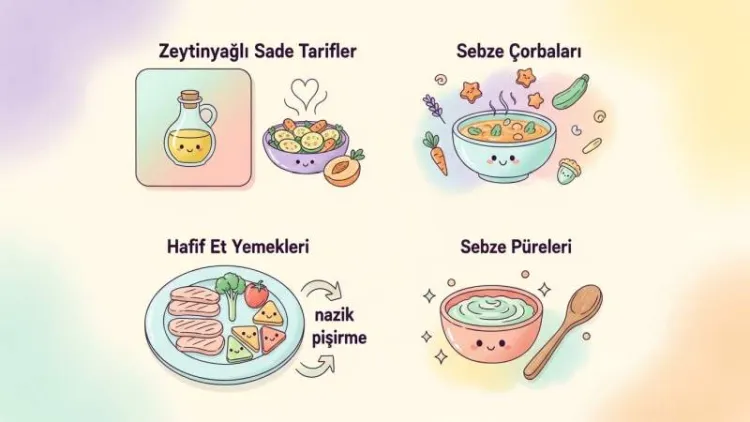 Zeytinyağlı çorba ve sebze püresi içeren sade beslenme infografiği