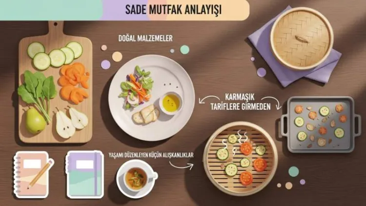 Doğal malzemelerle hazırlanmış dengeli sade mutfak tabağı pastel infografik