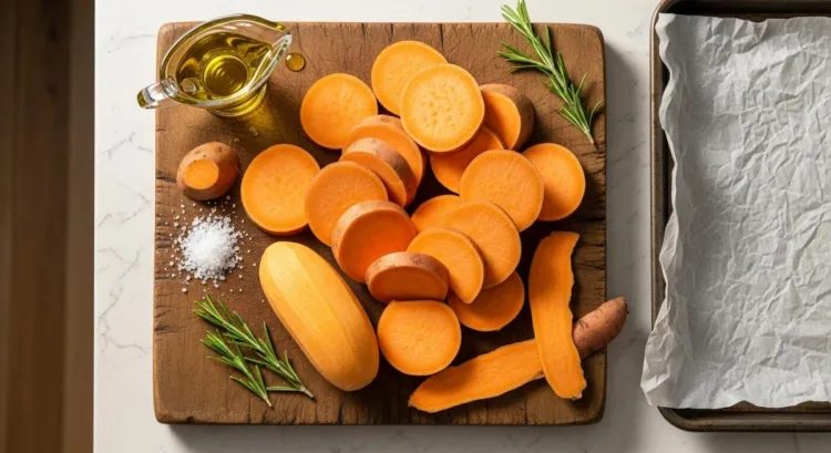 Tatlı patates hazırlık aşaması, kesme tahtası üzerinde dilimlenmiş tatlı patates ve zeytinyağı ile tepside sunum