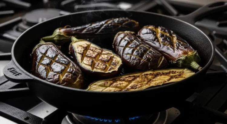 Döküm tavada közlenen patlıcanlar, duman çıkmadan pişirme işlemi
