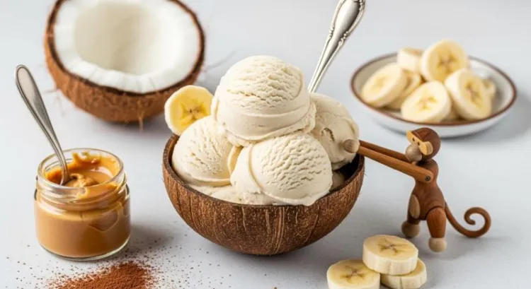 vegan muzlu hindistancevizli bitki bazli dondurma tropik sahne
