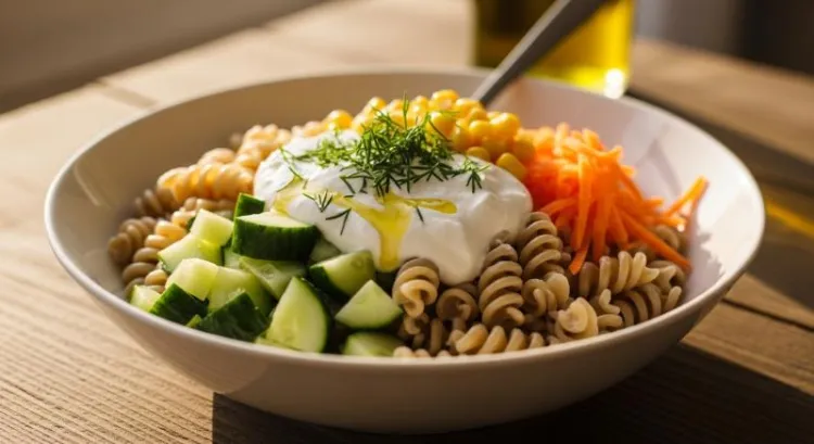 yogurtlu fit makarna salatasi dogal ve hafif yumusak isik gorseli
